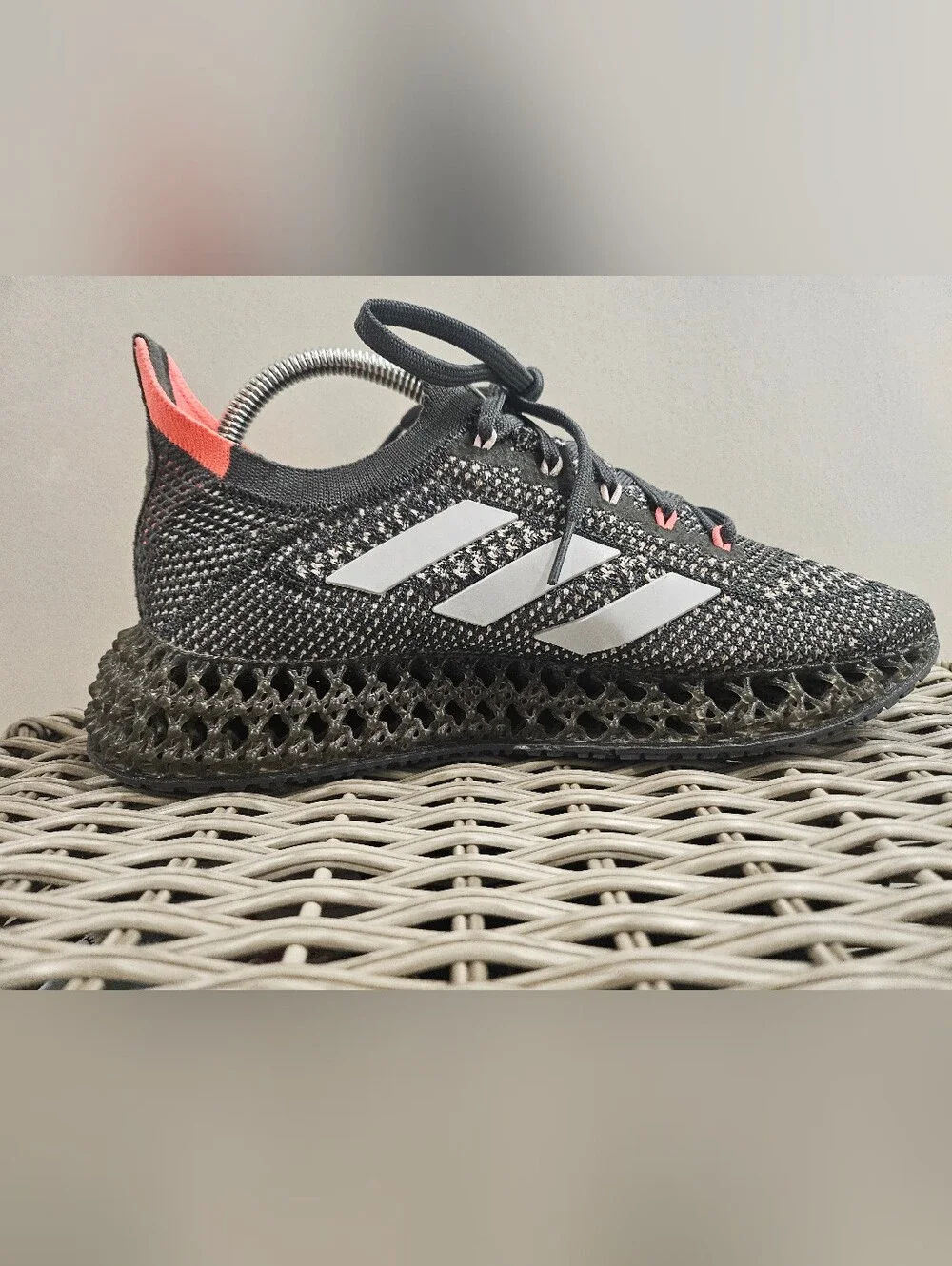 Adidas Men’s Gray Knit Running Sneakers with Coral Accents